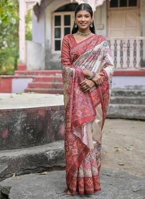 Coffee-multicolor tussar silk blend patola print sari 3
