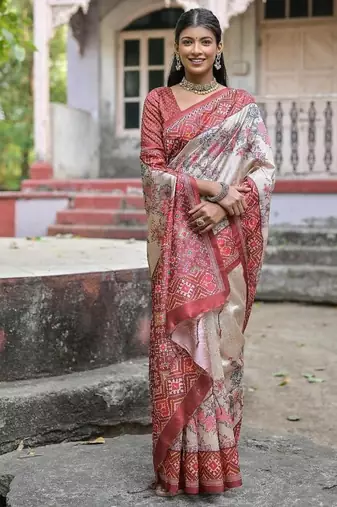 Coffee-multicolor tussar silk blend patola print sari