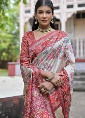 Coffee-multicolor tussar silk blend patola print sari 4