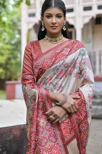 Coffee-multicolor tussar silk blend patola print sari
