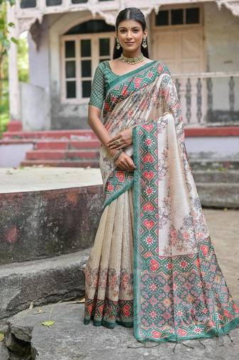 Green-multicolor tussar silk patola print sari