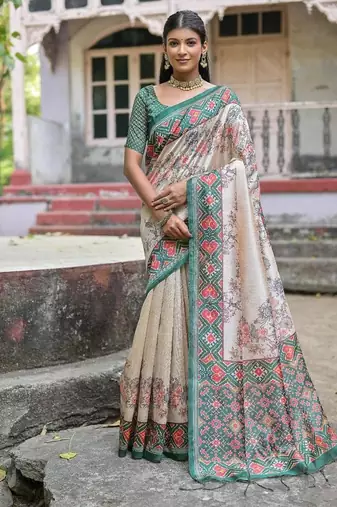Green-multicolor tussar silk patola print sari