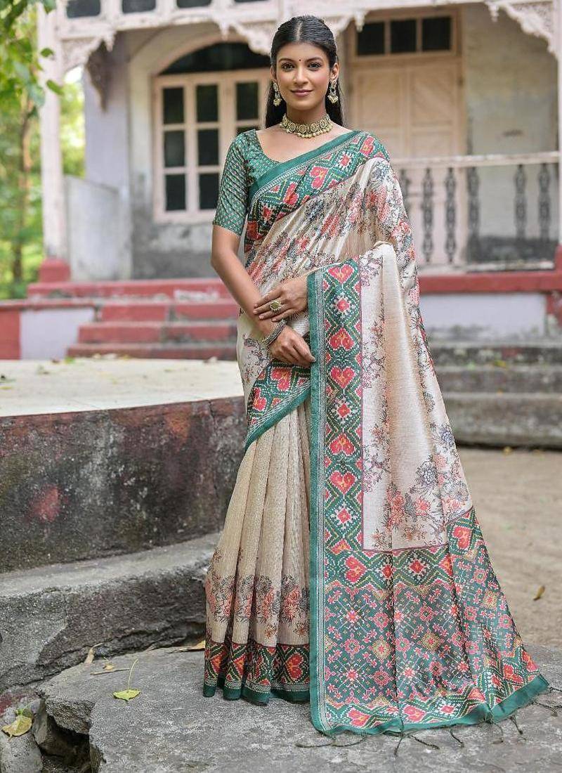 Green-multicolor tussar silk patola print sari