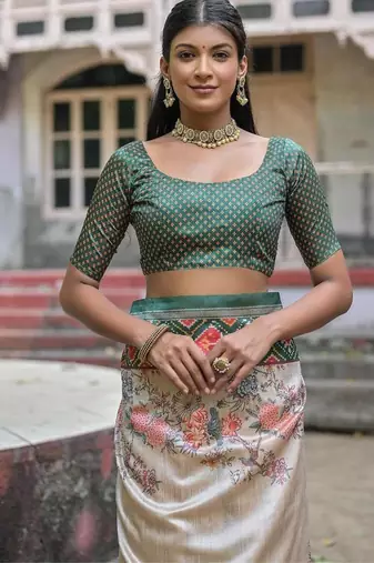 Green-multicolor tussar silk blend patola print sari