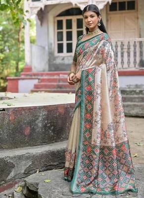 Green-multicolor tussar silk blend patola print sari 3