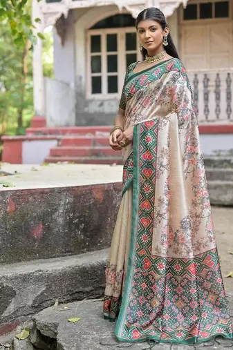 Green-multicolor tussar silk blend patola print sari