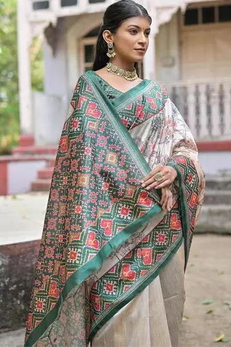 Green-multicolor tussar silk blend patola print sari