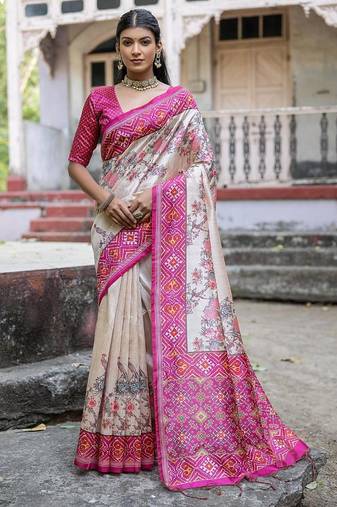 Rani-multicolor tussar silk patola print sari