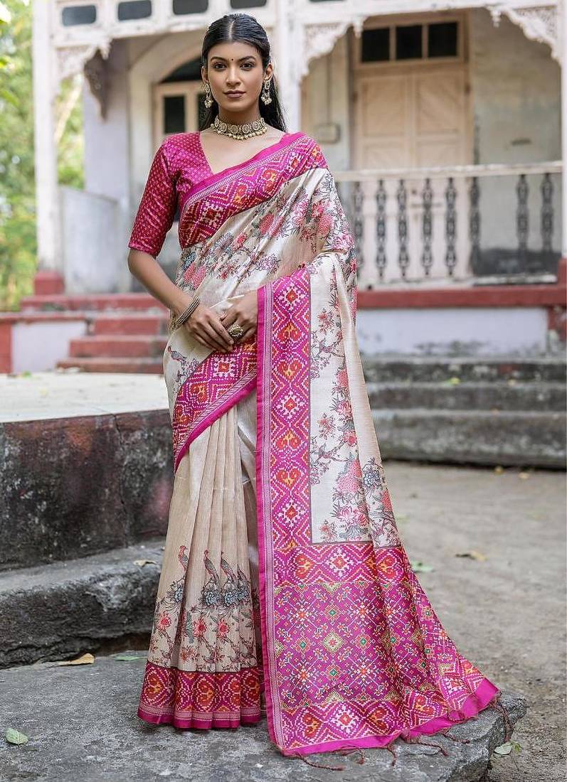 Rani-multicolor tussar silk patola print sari
