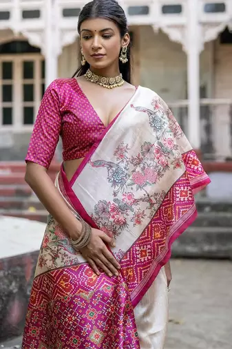 Rani-multicolor tussar silk blend patola print sari