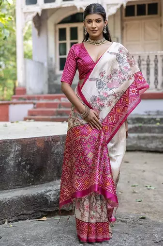 Rani-multicolor tussar silk blend patola print sari