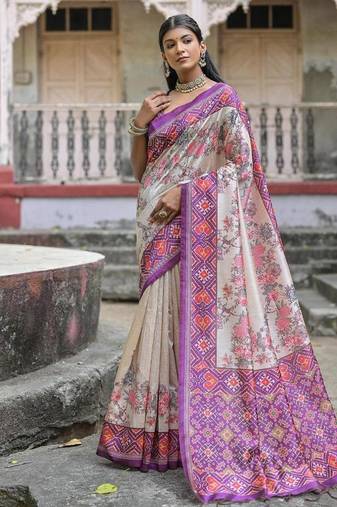 Wine-multicolor tussar silk patola print sari
