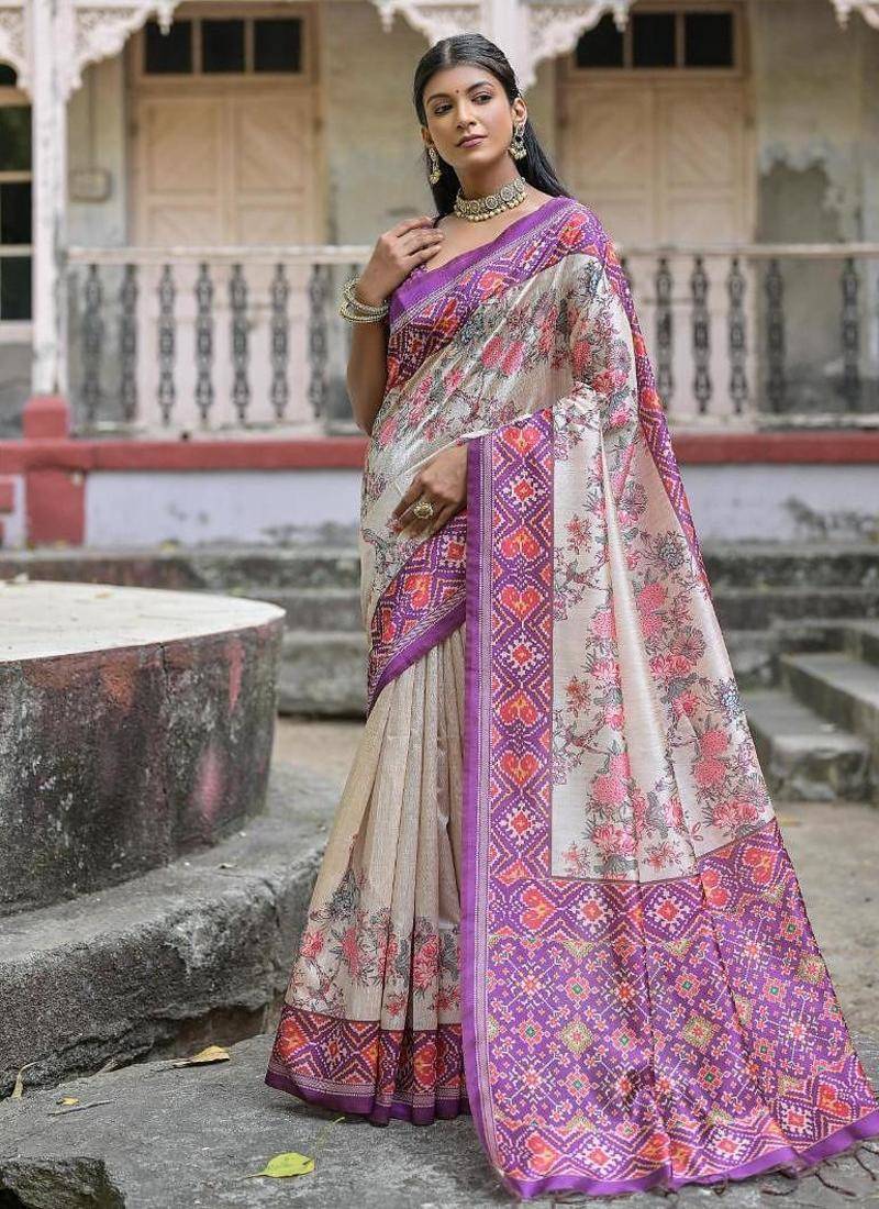 Wine-multicolor tussar silk patola print sari
