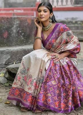 Wine-multicolor tussar silk blend patola print sari 3