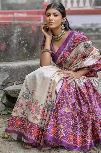 Wine-multicolor tussar silk blend patola print sari
