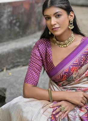 Wine-multicolor tussar silk blend patola print sari 4
