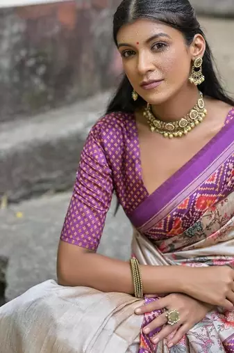 Wine-multicolor tussar silk blend patola print sari