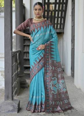 Firozi tussar silk blend temple border print sarees 1