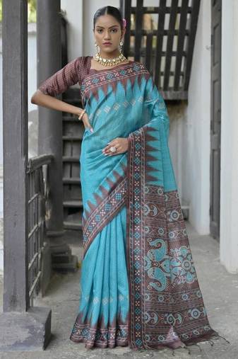 Firozi color tussar silk temple border print sarees