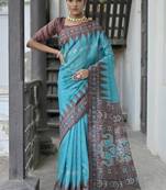 Firozi color tussar silk blend temple border print sarees