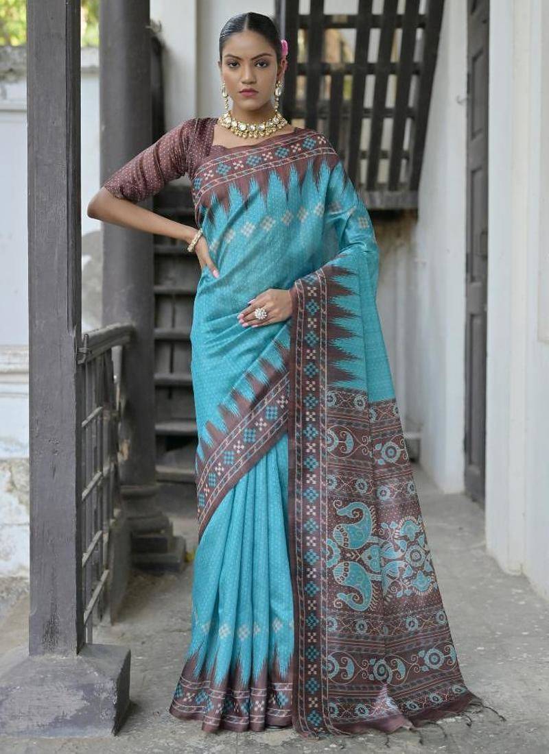 Firozi color tussar silk temple border print sarees