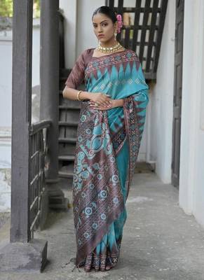 Firozi tussar silk blend temple border print sarees 2