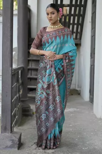 Firozi color tussar silk blend temple border print sarees