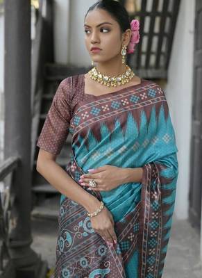 Firozi tussar silk blend temple border print sarees 3