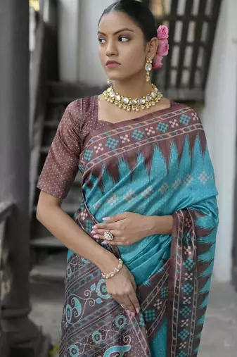 Firozi color tussar silk blend temple border print sarees