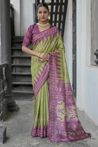 Mehendi color tussar silk temple border print sarees