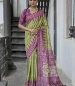 Mehendi color tussar silk blend temple border print sarees