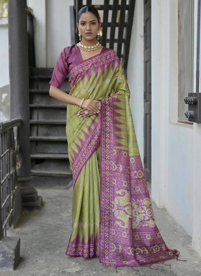 Mehendi color tussar silk temple border print sarees