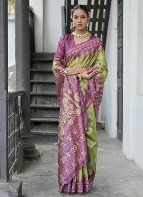 Mehendi color tussar silk blend temple border print sarees 2