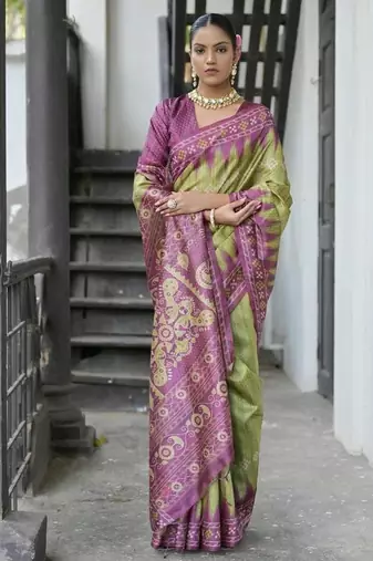 Mehendi color tussar silk blend temple border print sarees