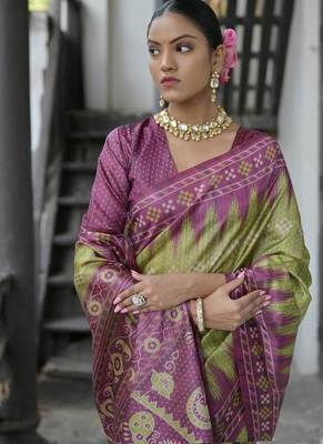 Mehendi color tussar silk blend temple border print sarees 3