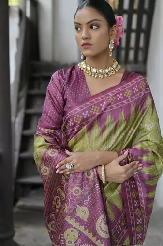 Mehendi color tussar silk blend temple border print sarees