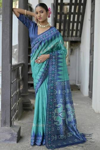 Rama color tussar silk temple border print sarees