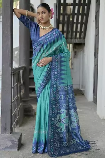 Rama color tussar silk blend temple border print sarees
