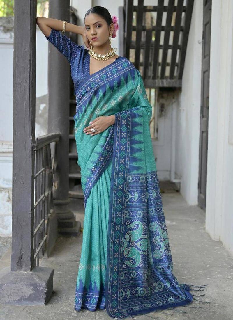 Rama color tussar silk temple border print sarees