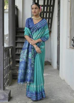 Rama color tussar silk blend temple border print sarees 2