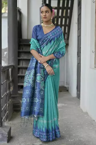 Rama color tussar silk blend temple border print sarees