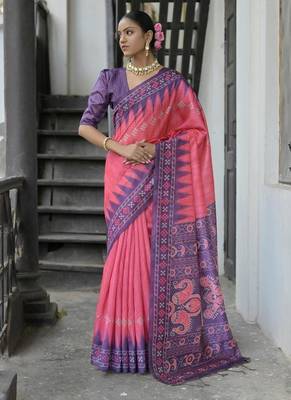 Rani color tussar silk blend temple border print sarees 1