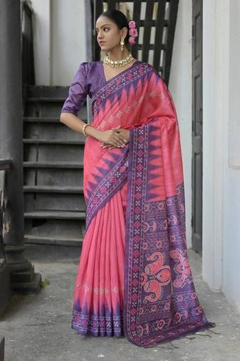 Rani color tussar silk temple border print sarees