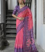 Rani color tussar silk blend temple border print sarees