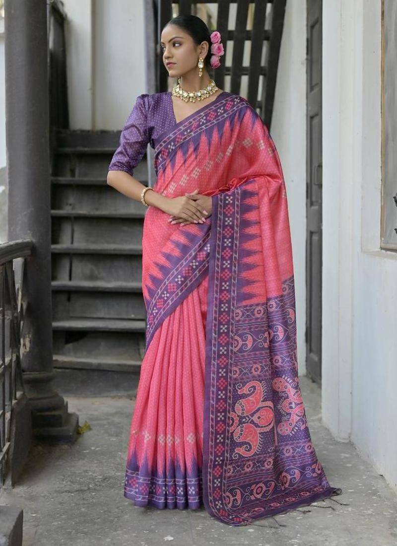 Rani color tussar silk temple border print sarees