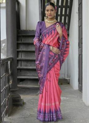 Rani color tussar silk blend temple border print sarees 2