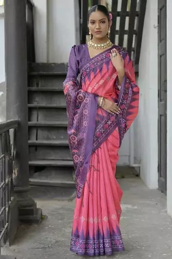 Rani color tussar silk blend temple border print sarees