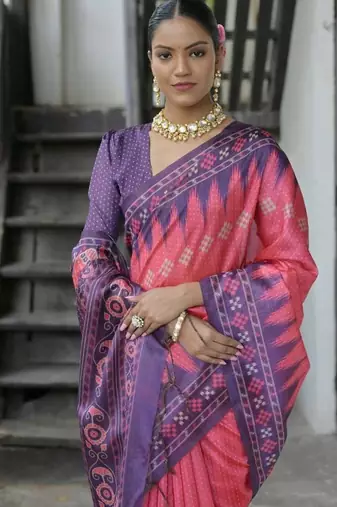 Rani color tussar silk blend temple border print sarees