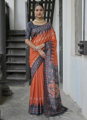 Red color tussar silk blend temple border print sarees 1