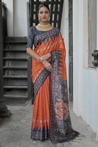 Red color tussar silk temple border print sarees